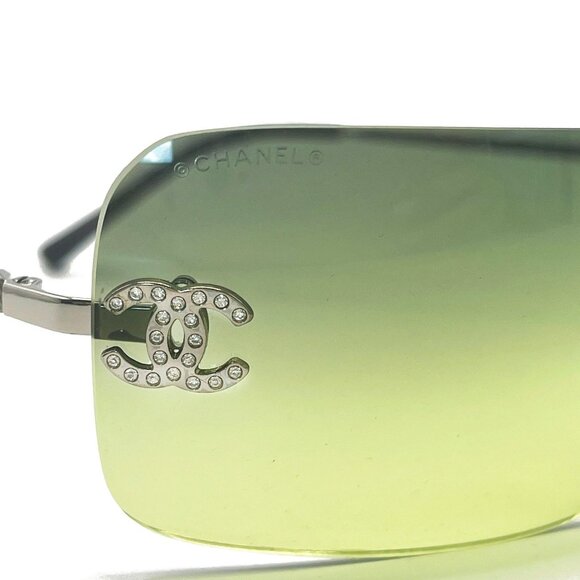 💚 RARE Chanel Vintage Sunglasses Rhinestone CC Logo Rimless Gradient Green Tint - Picture 5 of 11